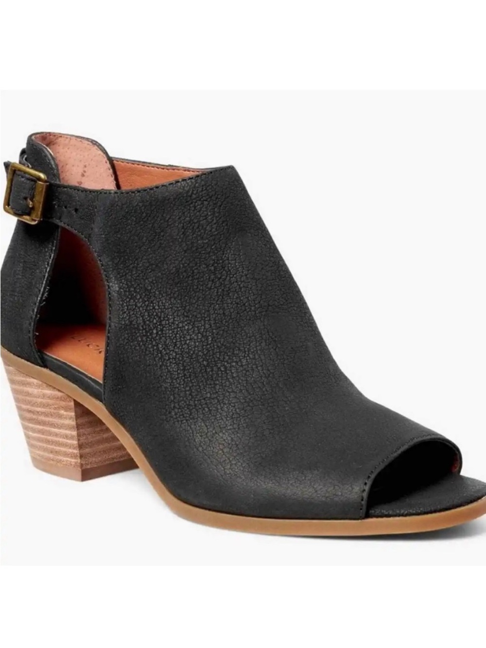 Lucky Brand Black Peep-Toe Cutout Leather Block Heel Bootie